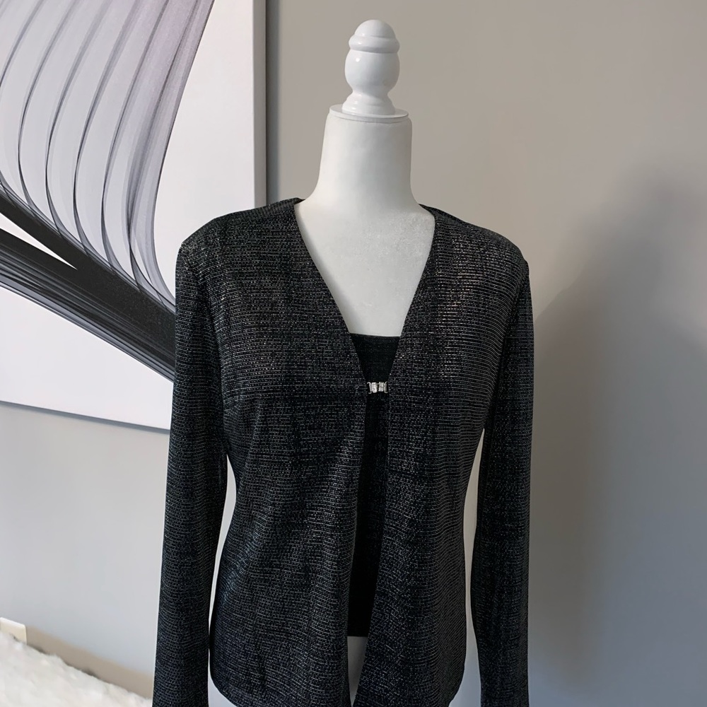 Liz Claiborne Night Black Silver Metallic Rhinestone 2-piece cocktail top blouse - Picture 6 of 12
